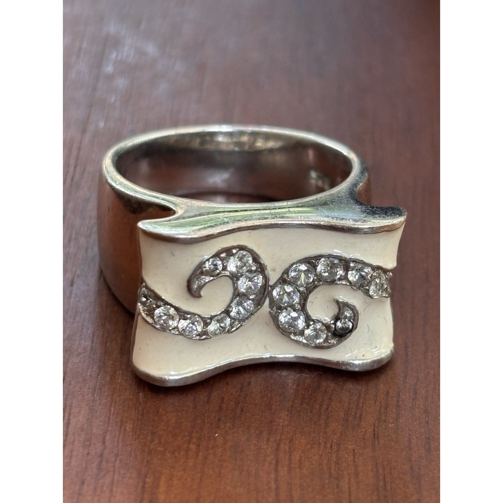 Sterling Silver 925 Cubic Zirconia Cream Enamel Band Ring, Size 9.25, 12.3 Grams